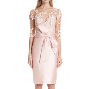 Badgley Mischka Pink Lace & Bow Panelled Dress Floral Embroidered